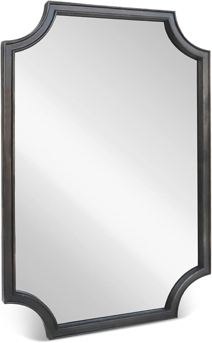 WallBeyond 24" x 36" Full Scalloped Corners Arch Rectangle Wall Mirror with Wood Frame for Entryway, Living Room or Bedroom Home Decor - Light Woodgrain [24" x 36" Black]