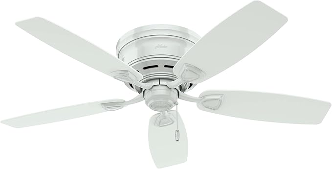 Hunter 48 inch Outdoor or Indoor Ceiling Fan No Light - Low Profile Mount, White Ceiling Fan without Light, For Patio, Porch, Garage, or Living Room, 5 Blades, Pull Chain - Sea Wind 53119, White