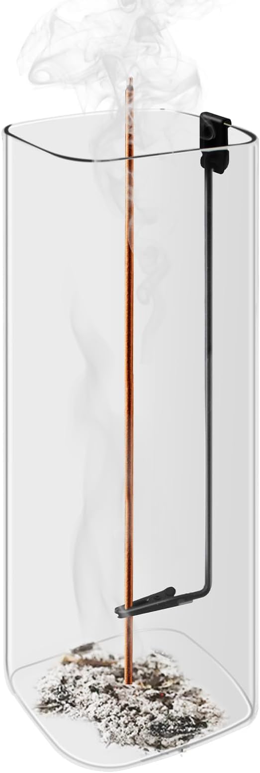 Incense Holder for Sticks, Clean-Burning Design, Top-Down Burning Extends More Time, Incense Stick Holder with Metal Clip, Removable Ash-Catcher Glass, Install-Free, for Yoga, Home Decor