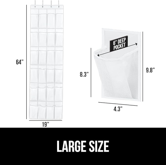 GORILLA GRIP Over the Door Shoe Organizer, 24 Extra Large Breathable Mesh Pockets, Space Saving Hanging Storage Holder, 4 Hook Closet Rack Hanger, Hangs on Closets for Shoes and Accessories, White
