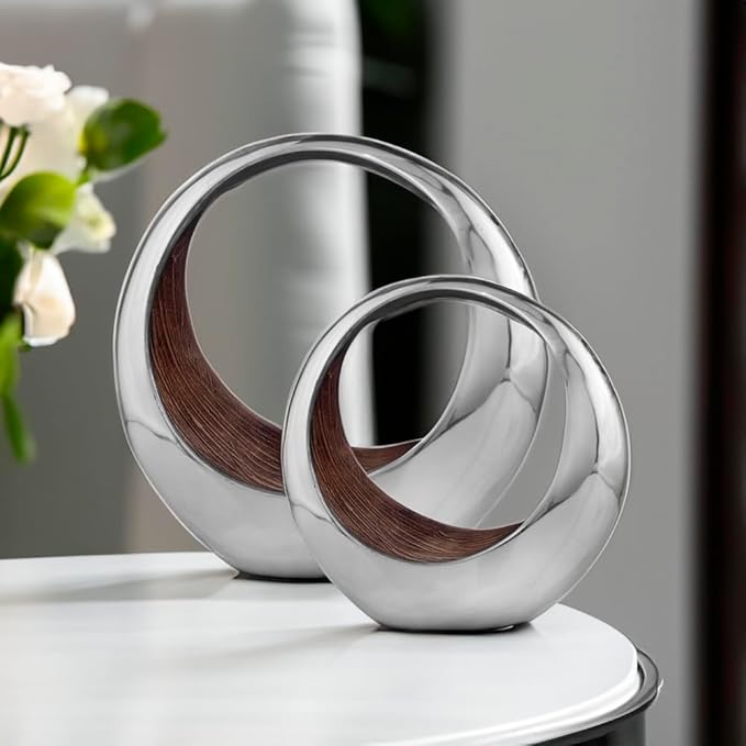 Modern Day Accents 3501 Large Anillo 2-Tone Decorative, Aluminum, Tabletop, Accents, House Decor, Bowl, Modern, Engagement Wedding Trays, Ring Display Stand, Key Holder 16"L x 8"W x 16"H, Brown Silver