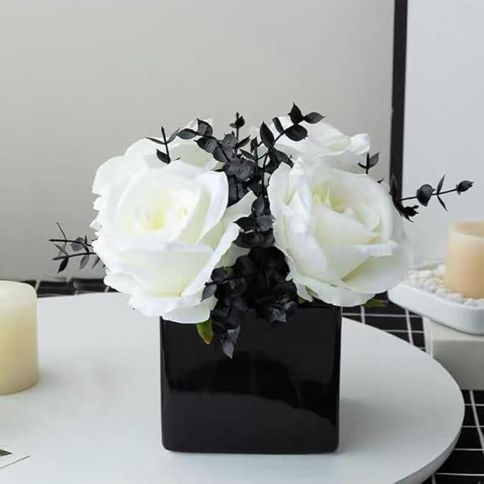 LADADA Artificial Flowers with Small Ceramic Vases, Roses in Vases Plastic Artificial Flowers and Plants,Used for Home Office Wedding Decoration, Table Decoration(White)