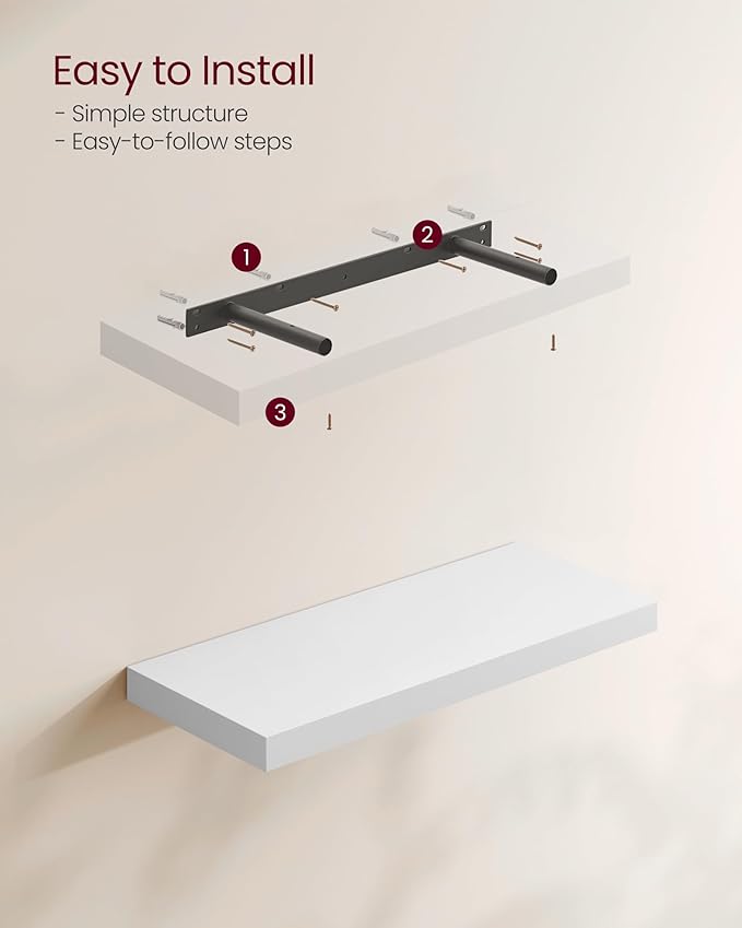 VASAGLE Wall Shelves Set of 2, Floating Shelves, 8 x 23.6 x 1.5 Inches, Display Shelves for Picture Frames, Decor, Hanging Shelf for Living Room, Kitchen, White ULWS056W01