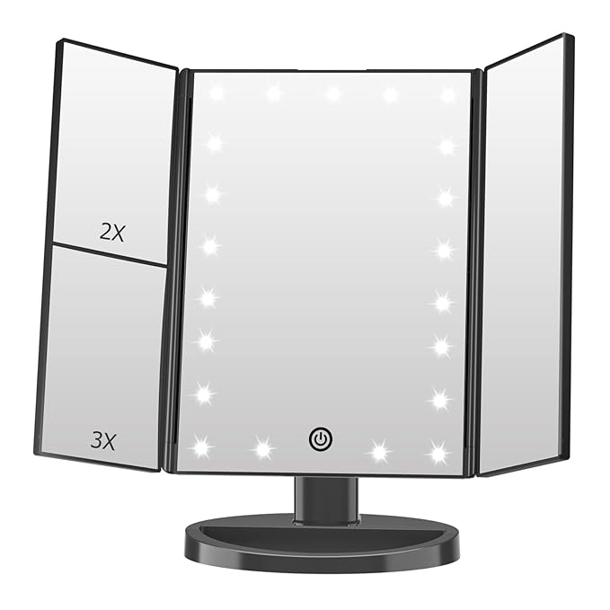 FASCINATE Lighted Makeup Mirror, 21 Bright LED Lights, 3x/2x/1x Magnifying Trifold LED Vanity Mirror, Touch Control Dimmable Brightness,180 ° Rotaion