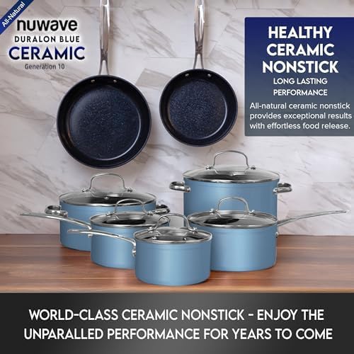 Nuwave Healthy Duralon Blue Ceramic Nonstick Cookware Set, Diamond Infused Scratch-Resistant, PFAS Free, Dishwasher & Oven Safe, Induction Ready & Evenly Heats, Tempered Glass Lids & Stay-Cool Handles
