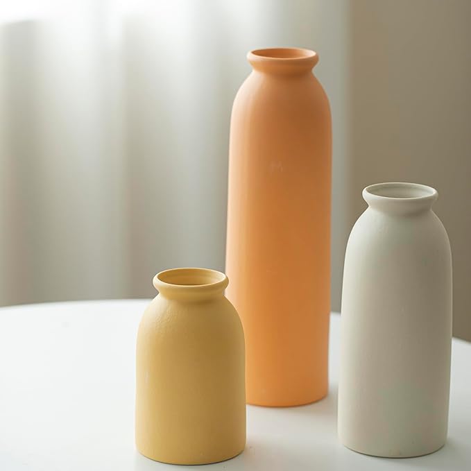 10.4 inches Tall Decorative Ceramic Vase Set, 3 Pieces, 10 inches Nordic Modern Style, White, Farmhouse Home Boho Shelf Decor(Orange)