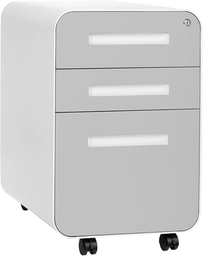 Laura Davidson Furniture Stockpile 3 Drawer File Cabinet with Lock - Under Office Desk Metal Filing Cabinet, Legal/Letter File Folders, Wheels and Stationary Feet, Pre-Assembled, Light Grey Faceplate