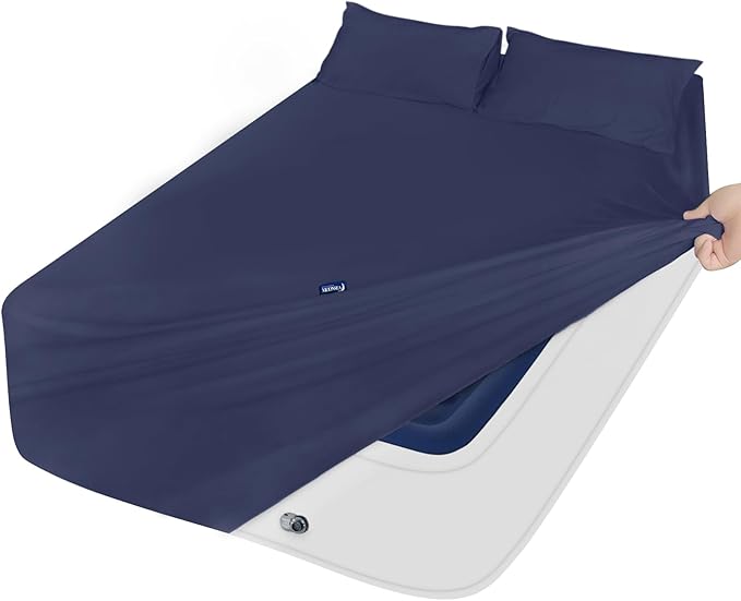 Queen Sheet Set for Air Mattress - Sheets Queen Size Bed Set - 3Pcs Side Storage Pocket Fitted Sheet & Pillowcases Easily Fits 16in to 24in Pillow Top Air Bed Mattress - Navy Blue