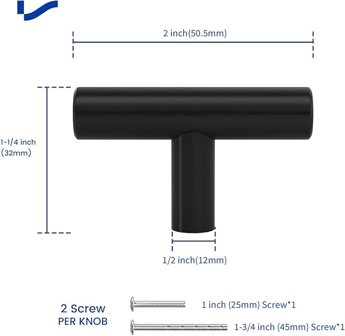 LONTAN 100 Pack Black Knobs for Cabinets and Drawers Kitchen Cabinet Knobs for Dresser Bathroom Modern T Bar Furniture Black Hardware,Stainless Steel