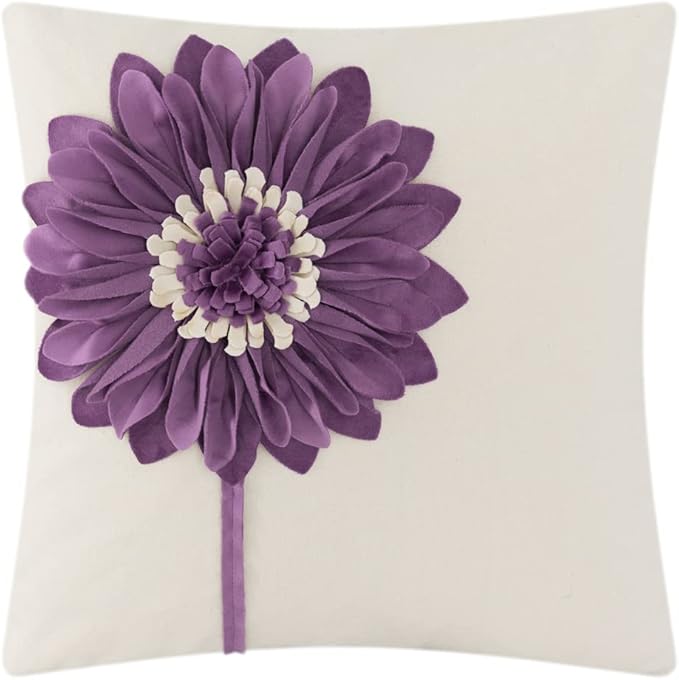 JWH Decorative Flower Throw Pillow Covers 3D Sunflower Pillow Case Velvet Cushion Creamy White Floral Pillowcase for Bed Living Room Couch Chair 18x18 Inches Purple