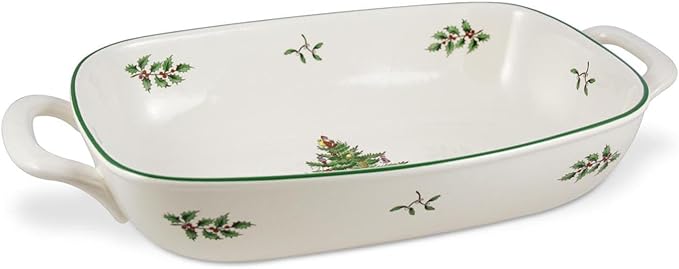 Spode Christmas Tree Oval Breadbasket, 14 Inch x 7.5 Inch Handled Bowl for Fruit, Bread, Cookies - Porcelain Gift, Holiday Serveware & Oven to Table Dish, Dishwasher Safe Tableware