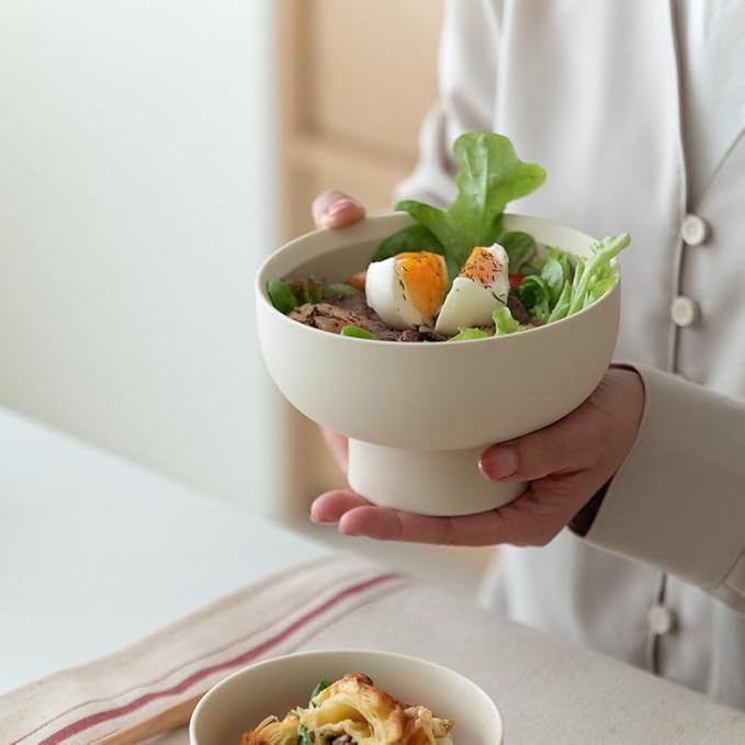 High-foot Fruit Bowl, Ceramic Pedestal Decorative Bowl, Round Bowl for Salad, H2.55" × W4.5" Small Size, 8.4oz, Matte Crème