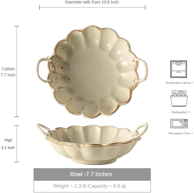 Small Vintage Scalloped Ceramic Bowl with Rope Handles, Retro Style Glazed Purse Bowl for Serving Fruit,Salad,Table Centerpiece Decor (Retro Yellow)