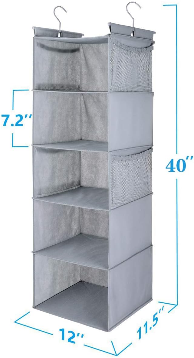 MAX Houser 5 Shelf Hanging Closet Organizer,Space Saver, Closet Hanging Shelves with (4) Side Pockets,Foldable,Light Grey