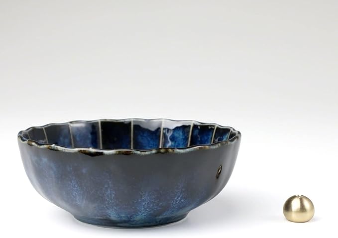 Asayu Japan Lotus Incense Holder for Sticks 4.1 inch (105 mm), Traditional Made in Japan Ceramic Ash Catcher and Brass Incense Burner Set - Navy Dark Blue Lotus