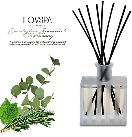 LOVSPA Reed Diffuser Set, Unwind Eucalyptus & Mint Scented Oil Diffuser with Sticks, Home Fragrance Accessories for Bathroom Shelf Decor, Aroma Diffusers for Home or Office Desk, USA Made