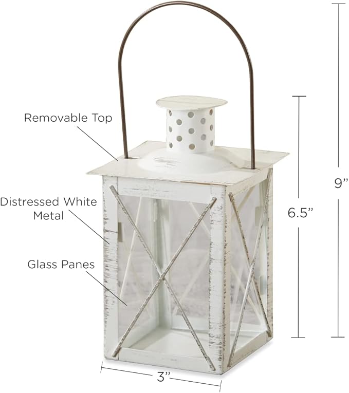 Kate Aspen Rustic Shelf Decor Luminous Vintage Tea Light Votive Candle Holders, Medium Metal Decorative Lantern, Distressed White