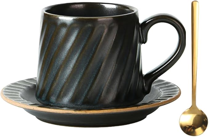 Vintage Ceramic Tea Cup and Saucer Set with Spoon, 10 oz Retro Porcelain Coffee Mug (Antique Iron Blue Glaze)