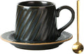 Vintage Ceramic Tea Cup and Saucer Set with Spoon, 10 oz Retro Porcelain Coffee Mug (Antique Iron Blue Glaze)