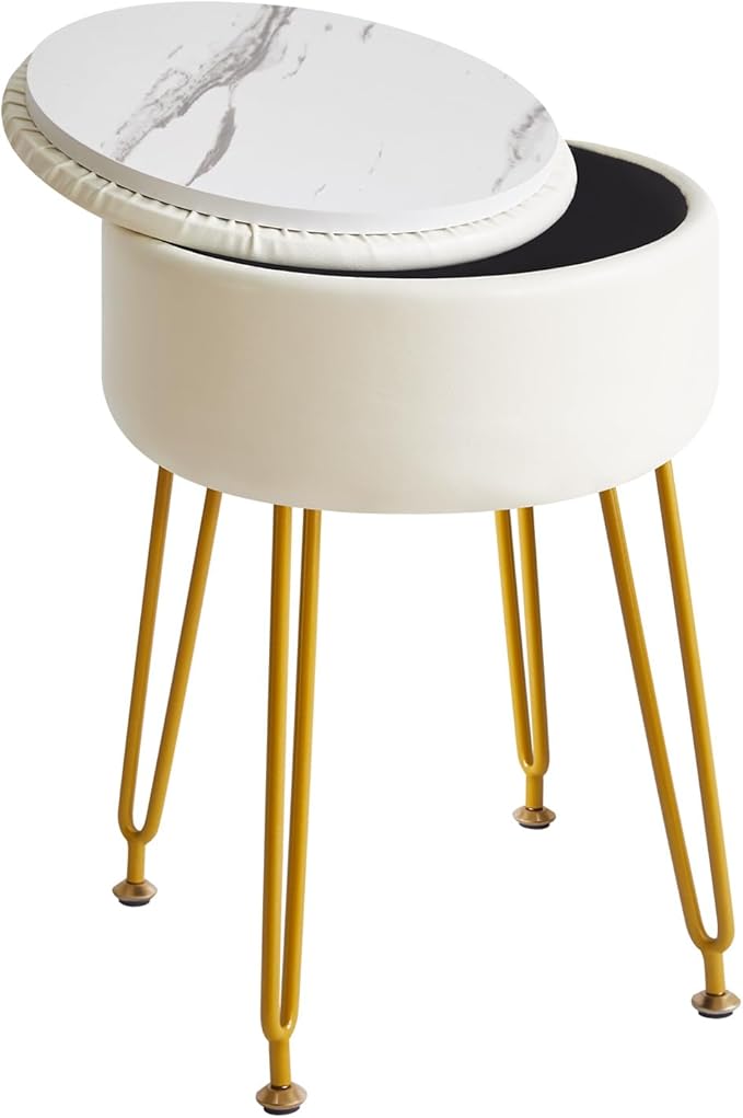IBUYKE Faux Leather Round Footrest Stool with Storage Ottoman, Makeup Vanity Chair Side Table, PU Dressing Table Seat, Removable Cover, Golden Steel Legs, White WBD024W