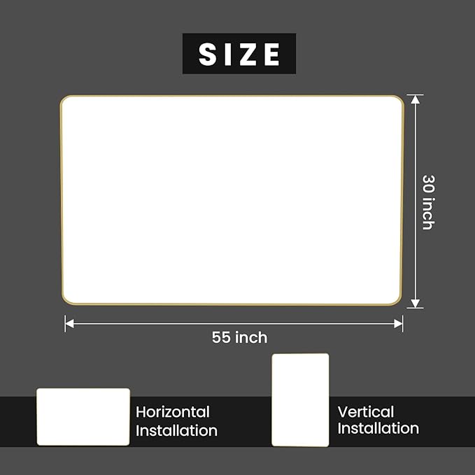 Gold Bathroom Mirror, 55x30 Inch Brushed Gold Metal Frame Mirror for Wall, Rounded Rectangle Bathroom Vanity Mirror, Tempered Glass, Anti-Rust, Horizontal/Vertical