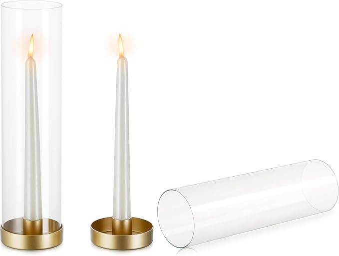 NUPTIO Gold Taper Candle Holders: 2 Pcs Hurricane Metal Candlestick Holder Stand with 11.81 inch Tall Clear Glass Open Ended Cylinder Covers for Tapered Candles Wedding Party Centerpieces for Tables