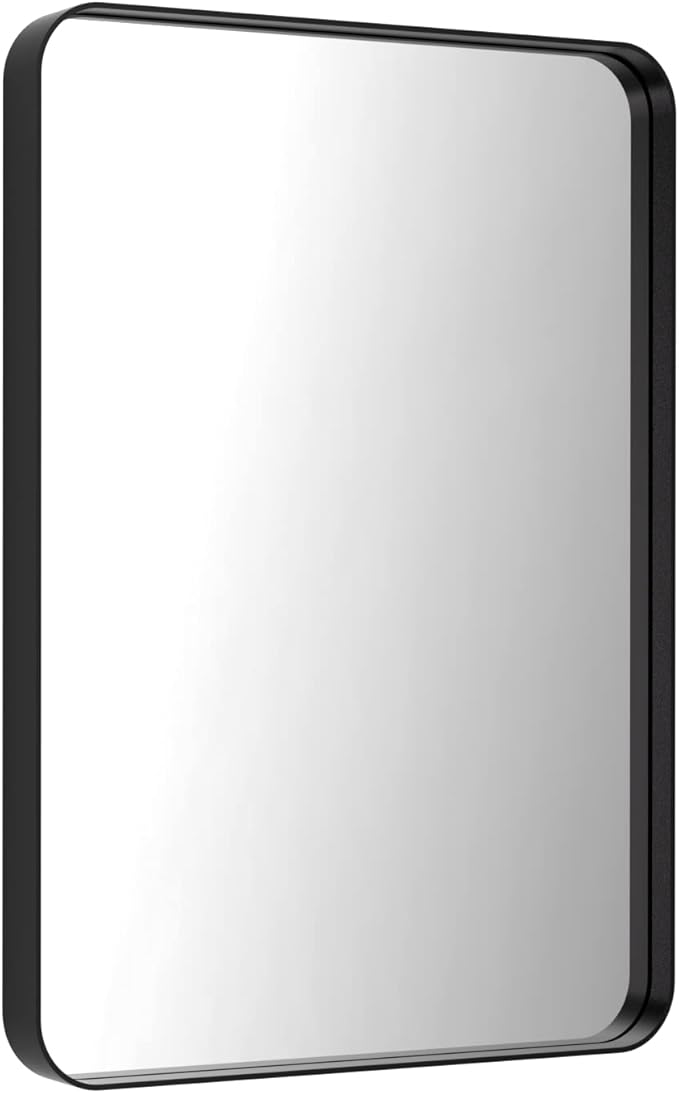 LOAAO Black Metal Framed Bathroom Mirror for Wall, 22X30 Inch Rounded Rectangle Mirror, Matte Black Bathroom Vanity Mirror Farmhouse, Anti-Rust, Hangs Horizontally or Vertically
