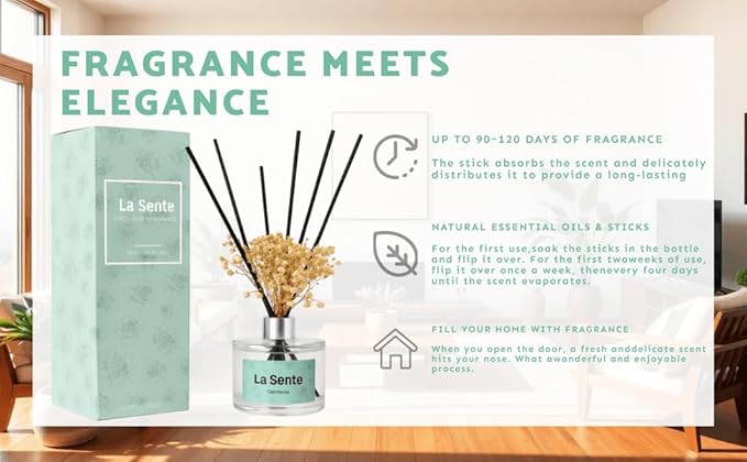 Reed Diffuser Set, Glass Bottle with Black Rattan Sticks, Dried White Flowers, 6.7fl oz, 200ml (Gardenia)