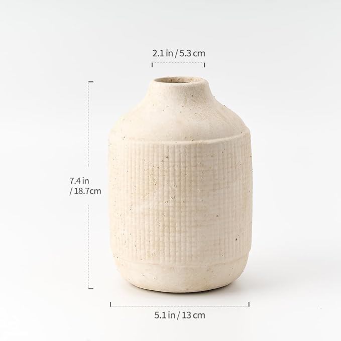 SIDUCAL Ceramic Rustic Farmhouse Vase | 7 Inch Pottery Decorative Flower Sand Glaze Finish Boho Vase for Home Decor, Table, Living Room, Bathroom Decoration, Shelf Decor, Mantel, White