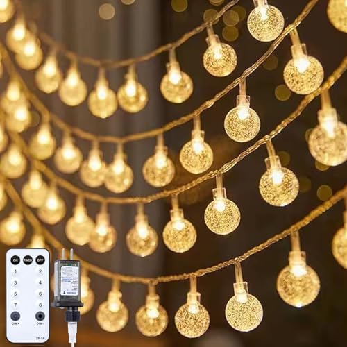 Minetom Crystal Globe String Lights Plug in - 66 ft 200 LED Globe Fairy String Lights with Remote and Timer, Waterproof for Bedroom Tent Loft Bed Window Porch Patio Wedding Holiday Decor, Warm White