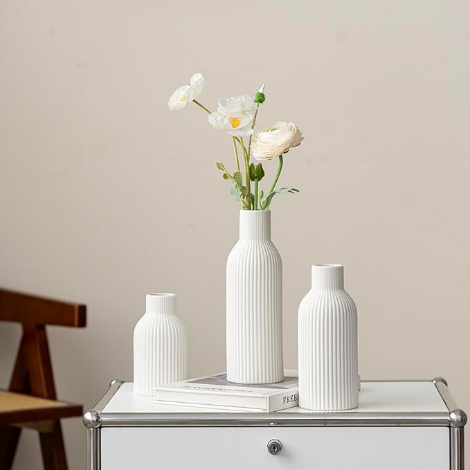 Modern Ceramic Vases Set of 3, White Ribbed Decorative Vases, Shelf Table Centerpiece for Home Decor (White)
