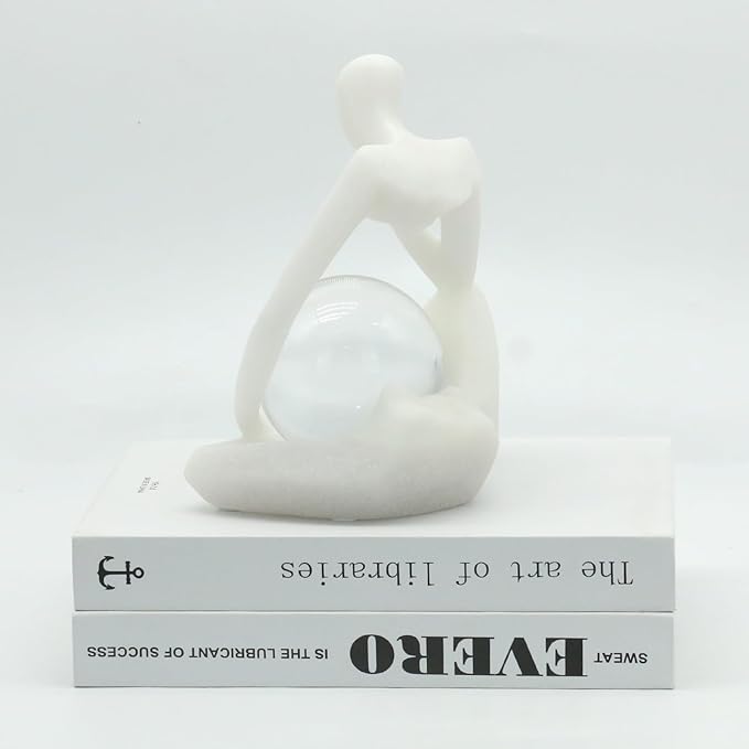 Lukitas Resin Thinker Statue - Holding Crystal Ball Sculpture, Modern Abstract Collectible Figurine for Home Office Bookshelf Decor, White Sand 7.5''