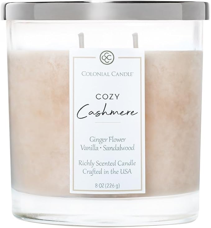Colonial Candle Cozy Cashmere Scented Candle Jar, Highly Fragranced Candles for Home Scented, Mottled Wax Candle, 2 Wick, 8 oz - Made in The USA