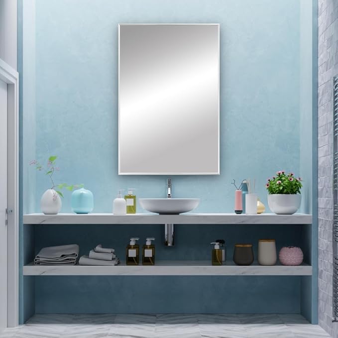 Frame My Mirror Silver Metal Framed Mirror, 30" x 36" Mirror for Bathroom, Metal Frame, True Reflections Glass, Chrome Finish, Stanton Design, Hangs Horizontally or Vertically, Made in USA