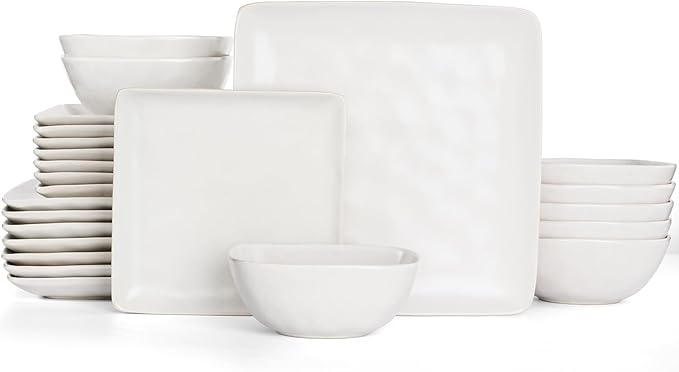 Famiware Dinnerware Sets for 8, Ocean Square 24-Piece Kitchen Plates and Bowls Sets, Microwave and Dishwasher Safe, Scratch Resistant, Matte White