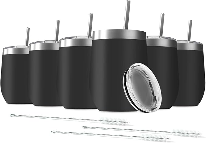 6 Pack 12 oz Stainless Steel Stemless Wine Tumbler with Lids, Double Wall Vacuum Insulated Travel Cup Including 6 Straws set,for Coffee, Cocktail, Drink, Tea and Beer (Black)