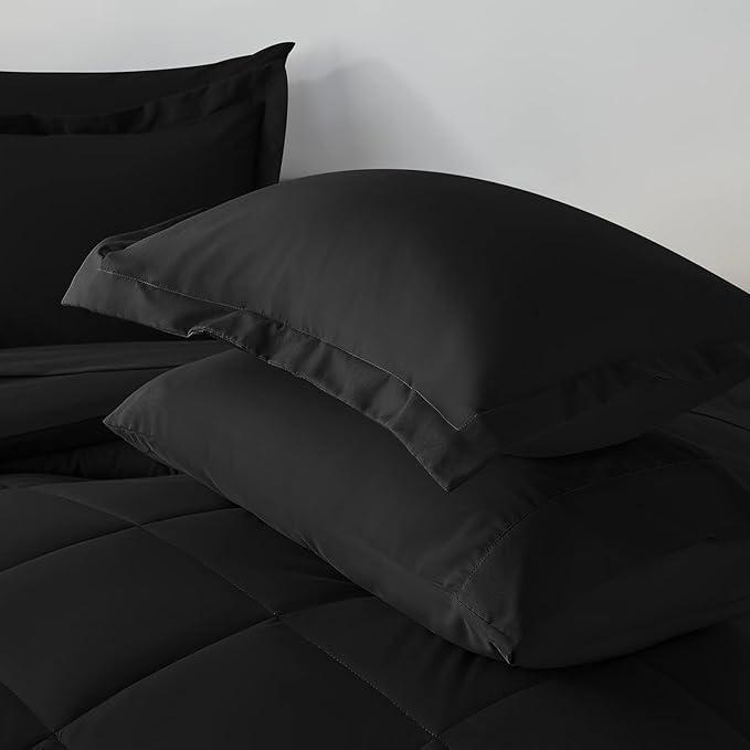 CozyLux Queen Comforter Set Black - Bed in a Bag Queen Size 7 Pieces, Luxury Soft Bed Set for All Seasons, Bedding Set with Down Alternative Comforter, Sheets, Pillowcases & Shams