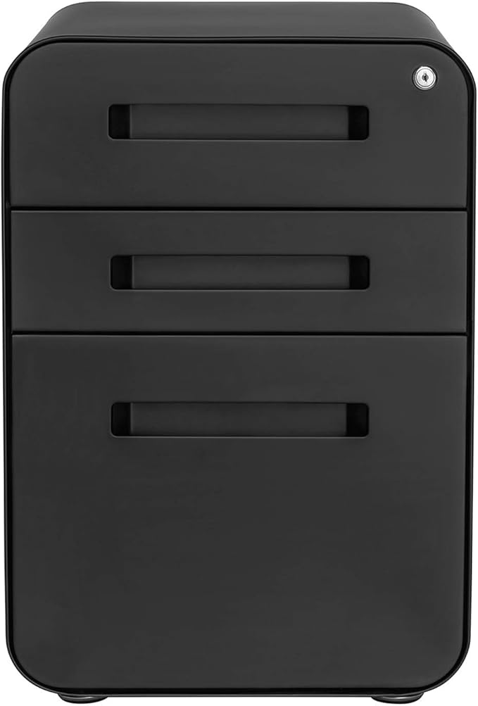 Laura Davidson Furniture Stockpile 3 Drawer File Cabinet with Lock - Under Office Desk Metal Filing Cabinet, Legal/Letter File Folders, Wheels and Stationary Feet, Pre-Assembled, Black
