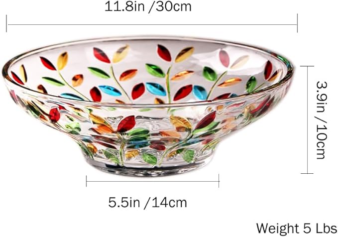 Decorative Bowl, Large Hand Painted Glass Crystal Fruit Bowl for Decor, Colorful,11.8 in Diameter