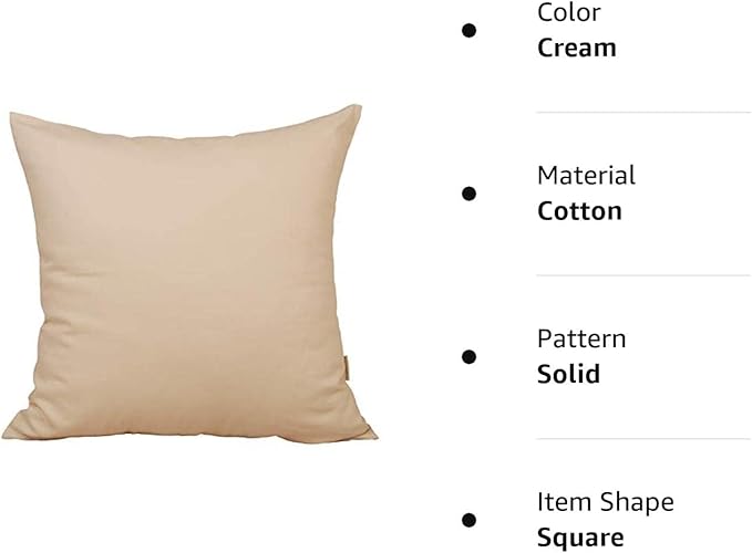 TangDepot Handmade Decorative Solid 100% Cotton Canvas Throw Pillow Covers/Pillow Shams, (14"x14", Cream)