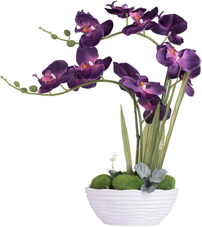 Large Artificial Potted Orchid Plant, Silk Flower Arrangement with Ceramics Vase, Dark Purple