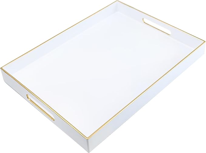 Spsyrine White Plastic Serving Tray for Ottoman, Coffee Table, Rectangle Decorative Tray for Entertaining, Outdoor, Living Room, Home Decor