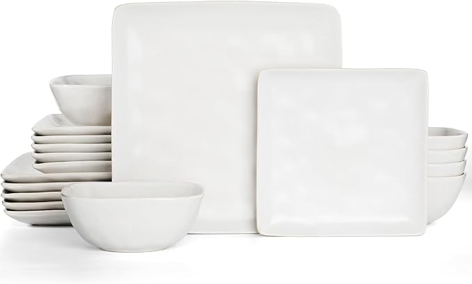Famiware Dinnerware Sets for 6, Ocean Square 18-Piece Kitchen Plates and Bowls Sets, Microwave and Dishwasher Safe, Scratch Resistant, Matte White