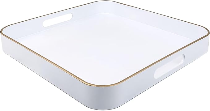 White Square Decorative Tray with Handles, 13"*13" Versatile Serving Tray for Coffee Table, Ottoman, Ideal for Serving, Displaying, Organizing