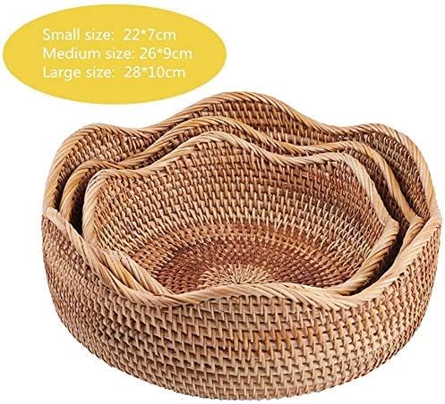 Handmade Rattan Round Fruit Basket Food Storage Bowls Kitchen Organizer Snack Serving Bowl Wavy Edge Circle Tray Basket, Boho Home Décor Display Tray for Table, Dining Room (Medium 10.2")
