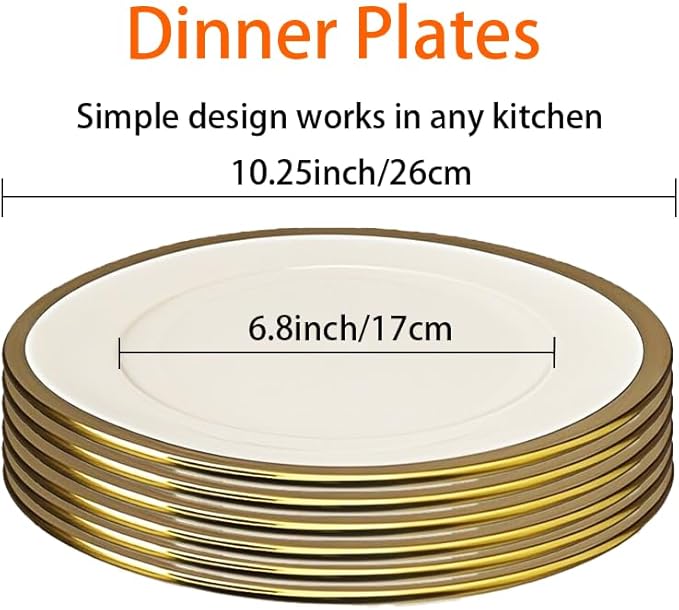 Luxury Dinner Plates, Set of 6, 10 inch, Elegant White Porcelain Plates with Gold Trim, Appetizer Plates, White Plate Set.