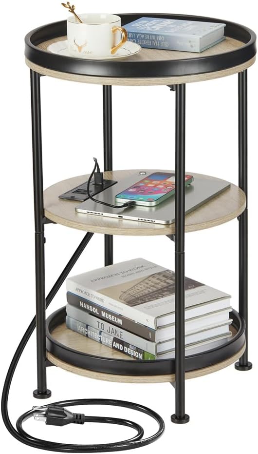 Dulcii Round Side Table with Charging Station, End Table with 3 Shelves for Living Room, Bedroom Nightstand for Small Spaces, Industrial Round Sofa Table with Steel Frame (USB+Oak)