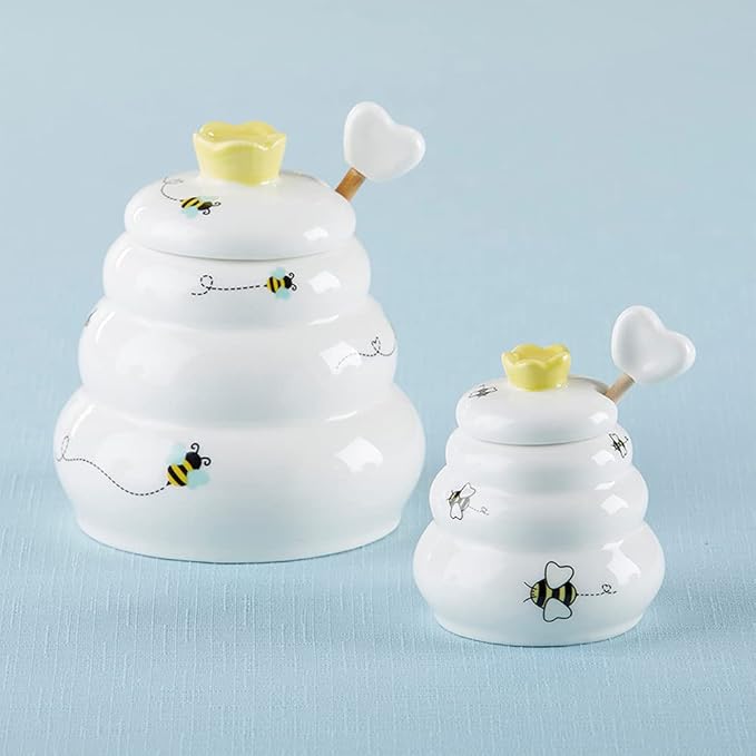 Kate Aspen Sweet as Can Bee Ceramic Mini Honey Pot with Wooden Honey Dipper (3.4 oz) Honey Jar, Bee Decor, White/Yellow (23261WT)