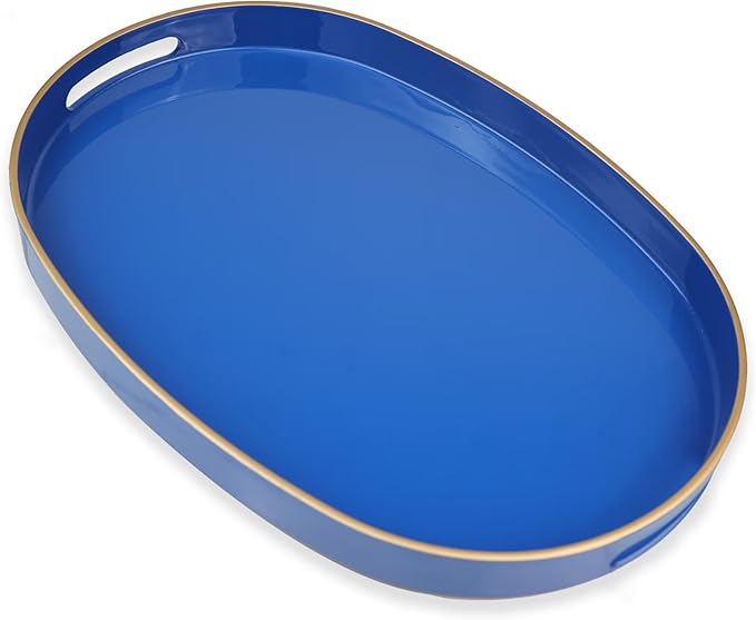 Royal Blue Oval Decorative Tray with Handles, Versatile Serving Tray for Coffee Table, Ottoman, Ideal for Serving, Displaying, Organizing