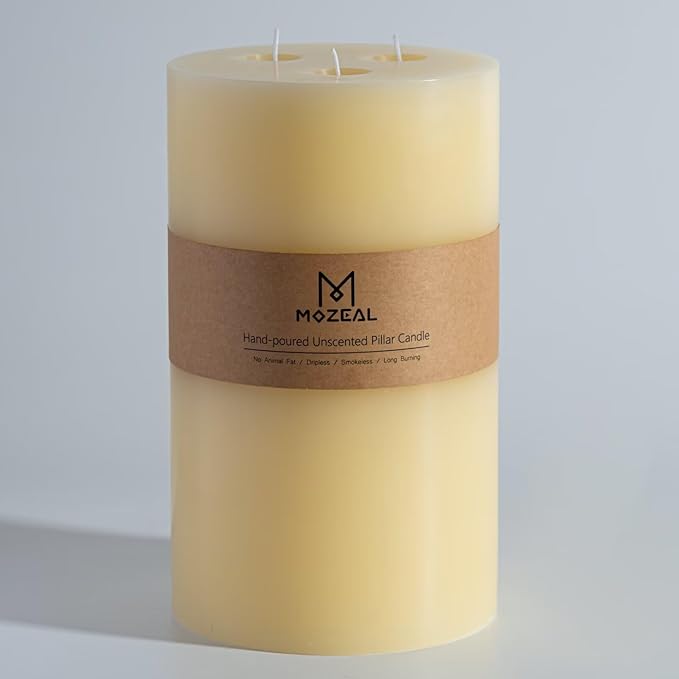 MOZEAL Extra Large 3 Wick Ivory Pillar Candle, 6" x 6", Unscented, Dripless, Smokeless, and Clean-Burning. Approx. 200 Hours of Burn Time. Perfect for Weddings, Dinners, Christmas and Home Decor